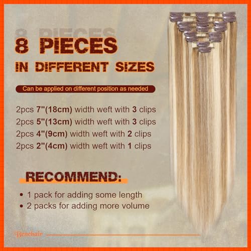 Image of Benehair Clip in Hair Extensions Real Human Hair, Long Straight Hair Extensions Clip in Human Hair for Women, 100% Remy Natural, Full Head 8pcs 16inch #12P613 Golden Brown Mix Bleach Blonde