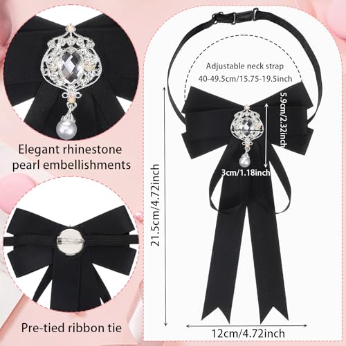 Black Rhinestone Bow Tie for Women, Pre-Tied Ribbon Pearl Shirt Tie Uniform Bow Top for Formal Dress, Tuxedo Dress Suit Wedding3