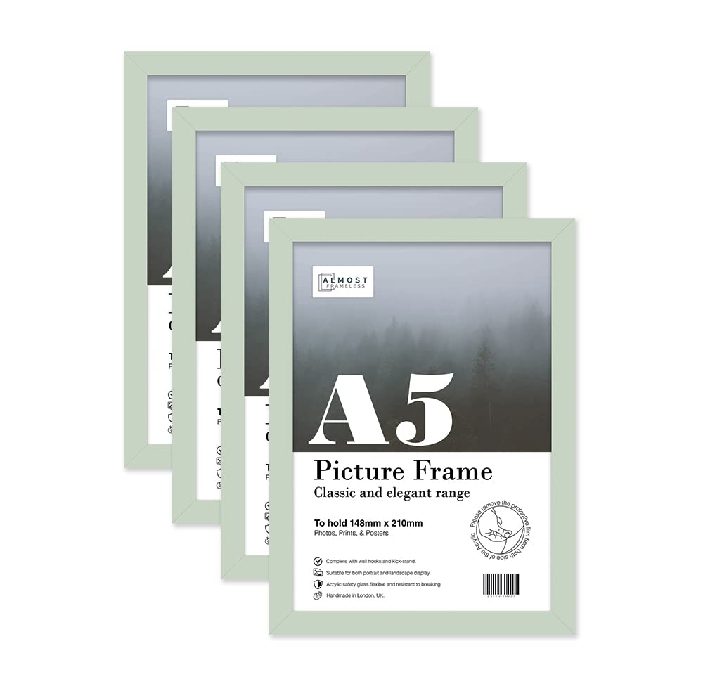 Almost Frameless A5 Mint Green Picture Frame Set of 4, Display A5 Picture Gallery Wall, Poster, Photo, Artwork, or Print, Mint Green