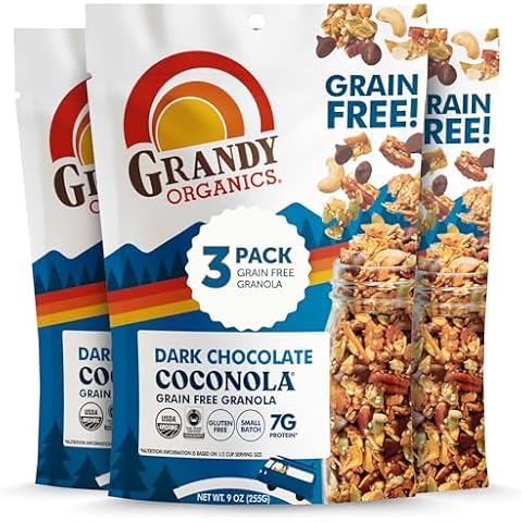 Grandy Organics Dark Chocolate Coconola Granola, Certified Organic Gluten Free Granola, Grain Free Granola, Chocolate Flavored Coconola, Kosher Certified, Paleo Friendly, 9oz Each, Pack of 3 Cover
