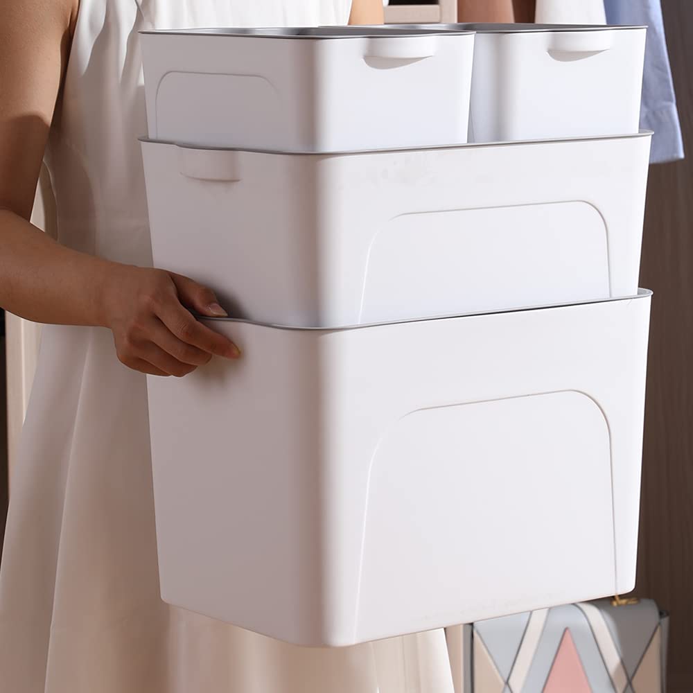 RMAN Cajas Almacenaje Plástico, 4 Set con Tapas, 25L/15L/5L, Blanco | Robusto y Duradero, Apilables, Asas, Para Juguetes, Libros, Ropa