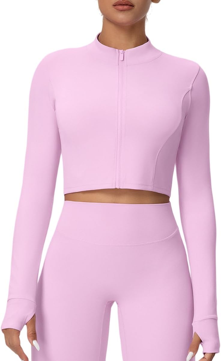 Yknktstc Women Zip Thumbhole Crop Jacket Running Yoga Top | cropped athletic top, 4 way stretch nylon spandex, lightweight soft fabric, full zip design,workout yoga sportswear