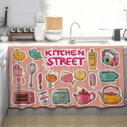 Image of Kitchen Curtains for Sink | Premium Printed Under-Sink Skirt for Kitchen Counter | Washable & Dustproof Rod Pocket Curtain | Home & Cooking Theme Decor (150cm x 70cm) (Kitchen Street)