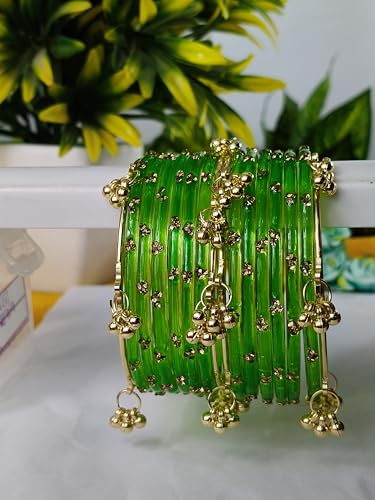 Image of NMII Viral Multi Colour Glass Bangles with Golden Ghungroo Charms & Stone Work For Women & Girls | Fancy Designer Glass Bangle | Traditional Chudi | Kanch Ki Churi | Stylish Ghungroo Bangle For Women