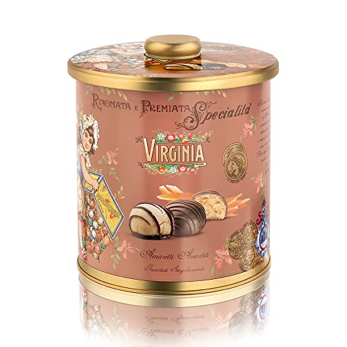 Elegante Barattolo in Latta Amaretti Virginia - Pasticcini Amaretti Soffici con Scorze d\'Arancia Candita ricoperti e decorati con Cioccolato Fondente in Elegante Barattolo di Latta