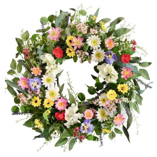 Spring Wreaths for Front Door, Artificial Door Wreath Colorful Spring Summer Wreath, All Seasons Floral Door Wreath for Farmhouse Office Home Wedding Party Decoration (Style A)
