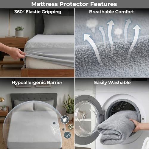 Image of Waterproof Mattress Protector Double Bed - Queen 78 inch X 60 inch|Dustproof, Soft Terry Cotton, Hypoallergenic & Breathable Fitted Elastic Mattress Cover (Grey, Queen (78 inch X 60 inch))