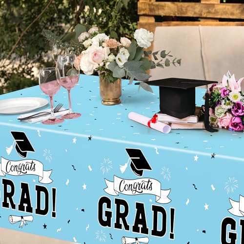 Image of 2Pcs Graduation Tablecloth, 108 inch X 54 inch Skyblue Graduation Table Decor 2026, Rectangle Table Covers for Class 2026 Congrats Grad, Disposable Plastic Tablecover for Grad Decor Party Supplies for Kids