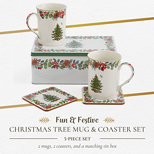 Spode Christmas Tree Collection Mug And Coaster Set | 5-Piece Set | 2022 Annual Tin Set | Measures At 9" X 6" X 3.5" | Coffee And Tea Cup | Dishwasher Safe #TOP1