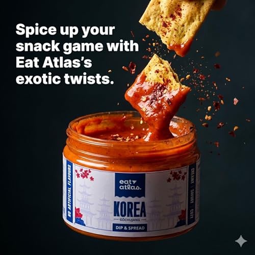 Image of Eat Atlas | Korean Cheesy Gochujang Dip (100g) + Baked Lavash Chips (85g) | Gourmet Low Calorie Snack Combo | Authentic, Ready to Eat Creamy Spread | No Preservatives | For Parties, Office, Travel