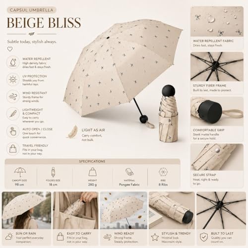 Image of Umbrella, Mini Folding Windproof & Compact UV Umbrella for Sun Protection Rain Windproof Strong Large 3 Fold for Women Handbags,3 Fold for Men Women, Stylish & Compact
