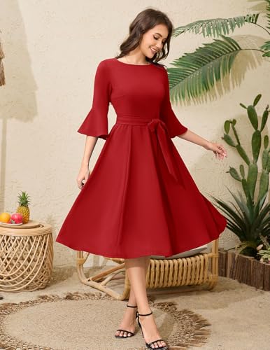 Image of HomRain Women's Church Dresses Modest Bell Sleeve Wedding Guest Cocktail Tea Party Vintage Evening Dress