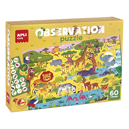 APLI Kids 19221 - Puzzle observação SELVA-60 peças tamanho 6 x 6 cm. Inclui 1 ficha com objetos para pesquisar - puzzle para crianças a partir dos 4 anos, cor selva (19221)