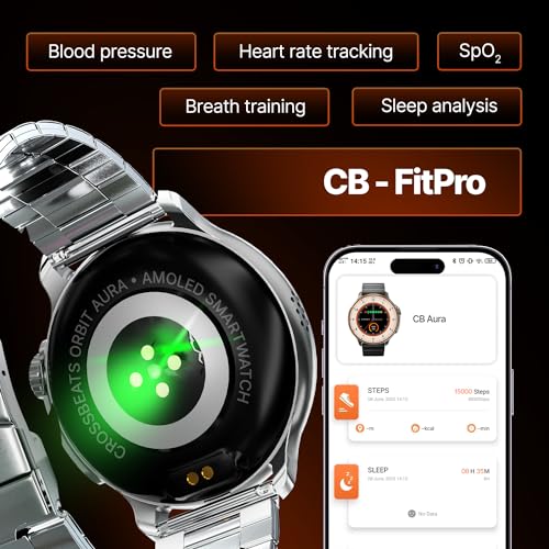 Image of CrossBeats Aura Round 1.46 inch Super AMOLED Metal Smart Watch, Always On, Advanced AI ENC Bluetooth Calling, in-Built Games, Fast Charge, Rotating Crown, 123+ Sports Modes, 454 x 454 Pixel