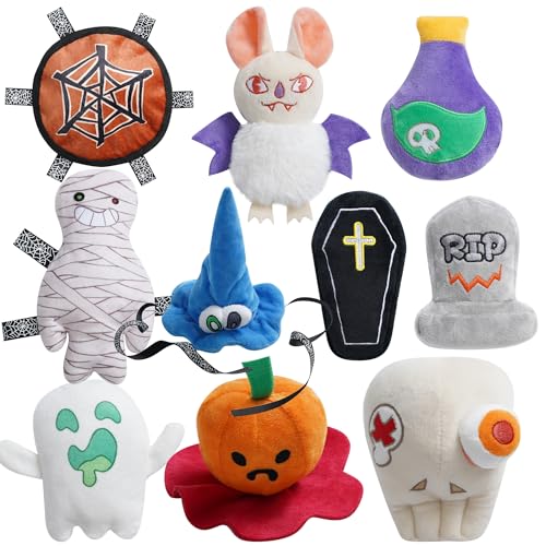 Fuzzwoof 10PC Small Dog Toys Set Creepy-Theme Puppy Enrichment Small Dog Toys Squeaky & Crinkle Funny Plush Stuffed Christmas Stocking Stuffers Bundle for with Pumpkin Skeleton Mummy Bat & More