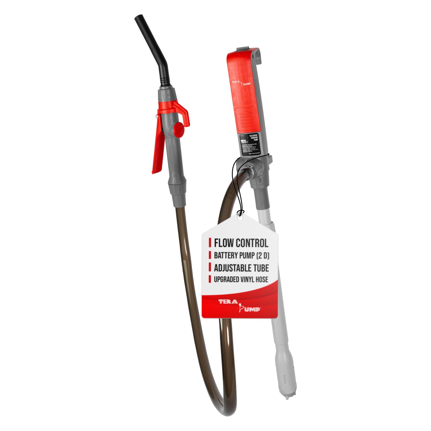 TERA PUMPFuel Transfer Pump w/Quick Flow Control Nozzle & Telescopic Tube - 3X Powerful D Battery Powered, 39" Vinyl Discharge Hose, Portable Battery Pump For Gas, Diesel, Water (2.6 GPM)