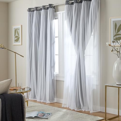 Image of TOWN & COUNTRY LUXE Talia Double Layer Indoor Curtains, Sheer and Room Darkening Blackout, Grommet Top, Energy Efficient, 2-Pack Set, 52 inchx96 inch, Black Pearl