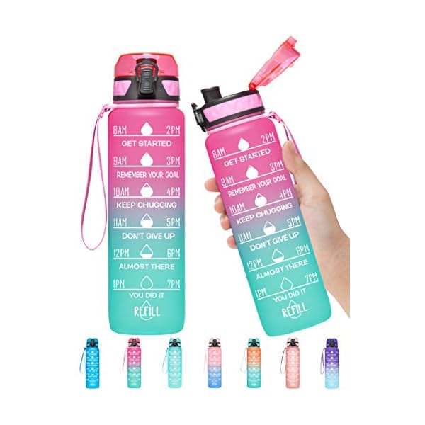 Elvira 32oz Motivational Fitness Sports Water Bottle with Time Marker & Removable Strainer,Fast Flow,Flip Top Leakproof Durable BPA Free