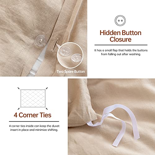 Simple&Opulence Double Duvet Cover with 2 Pillowcases,Soft Cotton Linen Duvet Cover,Double Bedding Set including Button Closure,Hypoallergenic Luxurious Breathable Quilt Cover Set,200x200 cm,Beige - Image 3