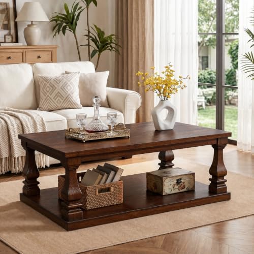 46 Inch Farmhouse Coffee Table with Storage Shelf, 2-Tier Rustic ...