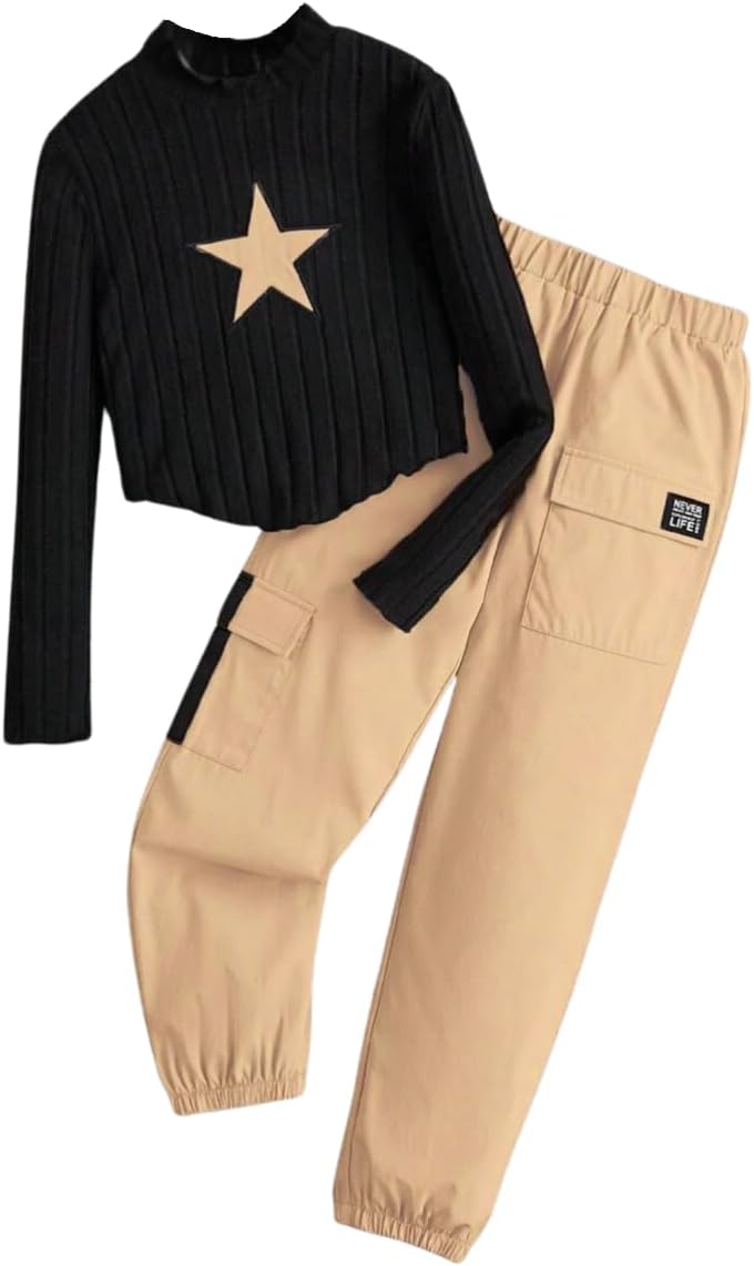 Girls Clothes 2 Piece Outfit Long Sleeve Crop Top + Cargo Pants, Tween Fall Clothing Set, Sizes 5-16 Years
