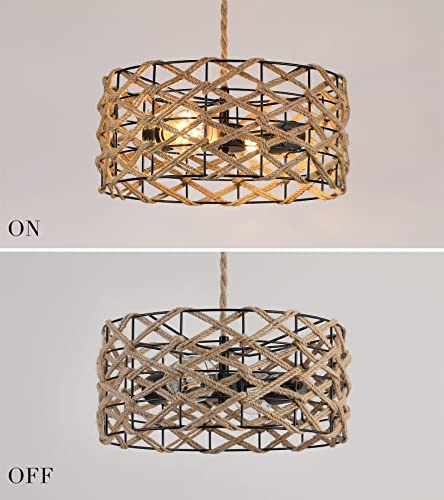 AMZASA Boho Pendant Light Rustic Hand-Woven Hemp Rope Drum Cage Rattan Hanging Lamp Wicker Coastal Farmhouse Chandelier 2 Lights for Hallway Entryway Kitchen Island Dining Room - Image 8