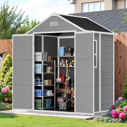 NicBex Cobertizo de almacenamiento de resina al aire libre de 6 x 5 pies con piso y ventana, cobertizo pequeño para todo tipo de clima, cobertizo de jardín de plástico PP al aire libre y