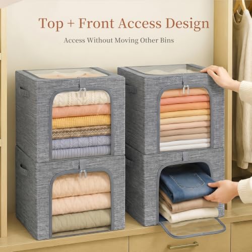 Image of GoMaihe Clothes Storage Bin with Metal Frame: 6-Pack Stackable Closet Storage Bin with Lid & Clear Window, Sweater Boxes Storage for Closet Bedding Clothing Storage Organizer 40L