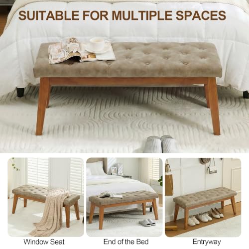 Image of 43.5 inch Button Tufted Faux Leather End of Bed Entryway Bench, Light Taupe | Padded upholstered bench with solid wood legs, ideal for entryway, dining room, bedroom, vanity area, or living room.
