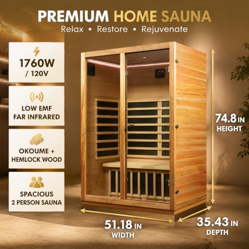 Image of Infrared Sauna,Low EMF,2 Person Sauna,Premium Wood,Indoor Sauna