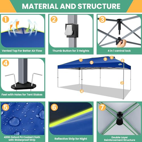 Image of COBIZI 10x20 Pop Up Canopy Tent, Outdoor Party Tent Without Sidewall One Push Setup Glow, 3 Adjustable Height Air Vent Waterproof UPF50+, Bag, 4 Sandbag, 6 Stake, 12 Rope for Beach, Commercial