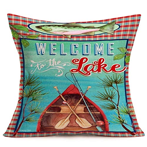 Asminifor Retro Vintage Wood Background With Sea Animal Fish Throw Pillow Covers Cotton Linen Pillowcase Cushion Cover Home Decor 18" X 18" Set Of 4 Welocome To Lake Theme Pillowslips (Lake Set) #TOP4