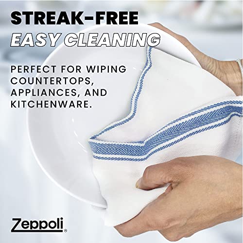 Zeppoli Classic Kitchen Towels - 15 Pack - 14" X 25" - 100% Natural Cotton Kitchen Dish Towels - Reusable Cleaning Cloths - Blue Tea Towels - Super Absorbent - Machine Washable Hand Towels #TOP6