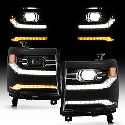 ACANII - For 2016-2018 Chevy Silverado 1500 Switchback LED DRL Projector Headlights Headlamps Pair Left+Right (Primed)