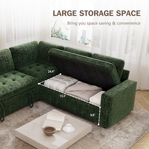 Image of Vipbear 85 Inch Modular Sectional Sofa with Pull Out Bed, Chenille L Shaped 5 Seat Sectional Sofa with USB Ports /Reclining Backrest /Storage Seats, Tool-Free Assembly, Couches for Living Room Green