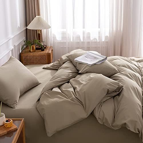 Khaki Duvet Cover 100% Washed Cotton Duvet Cover Set,Breathable Soft Bedding Set Linen Textured. Solid Color Pattern Duvet Cover Twin Size 2 Pcs (No Comforter) #TOP7