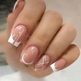 24 Pcs Press on Nails Short Square Fake Nails False Nail with Nude White Gold Trim Designs Glossy Nude Acrylic Nails Full Cover Glue on Nails Short Artificial Stick on Nails for Women XB-35-32