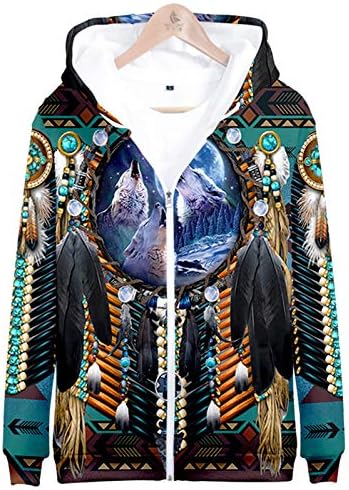 SIAOMA Native Indians Hoodie Unisex 3D Print Hooded Coat Native American Zip Up Jacket(Wolf Feather,Large)