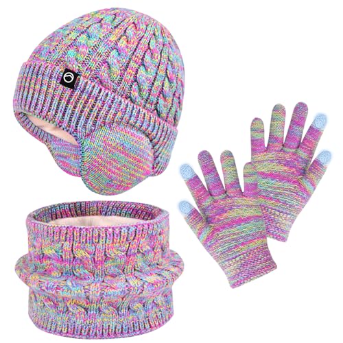 ZOORON Kids Winter Hat Gloves Scarf Set,Girls Boys Toddler Beanie with Earflaps Neck Warmer Gaiter Mittens Fleece Lined Set