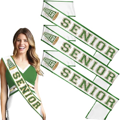 Senior Sashes Cheer Green - Set of 3: Ribbon Edge Green with Gold Outline Cheer White Premium Grade Satin Sash - Cheerleader Send Off Gifts - Set3(RbnCheer GRN w/GLD) WHT