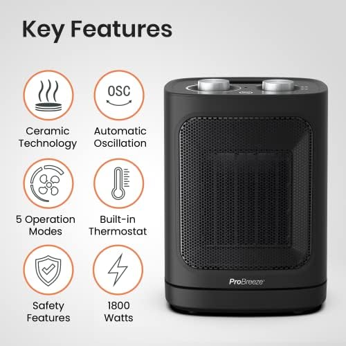 Pro Breeze® 1800W Mini Ceramic Fan Heater  Automatic Oscillation, 2 Heat Settings and Fan Only Mode, Black
