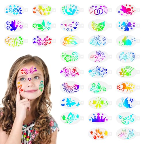 Tattoo Schablonen Kinder, 32PCS Wiederverwendbare Tattoo Schablonen, Kinderschminken Schablonen Kinderschminken, Temporäre Make-Up Körpervorlage für Urlaubparty Halloween Maskerade