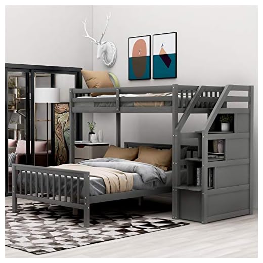 Twin Over Full Bunk Bed, Wood L-Shaped Bunk Beds with Storage Stairs, Twin Over Full Bunk Bed Frame with Guardrails and Ladder for Kids Boys Girls Teens Adults, Can be Convertible into 2 Beds, Grey