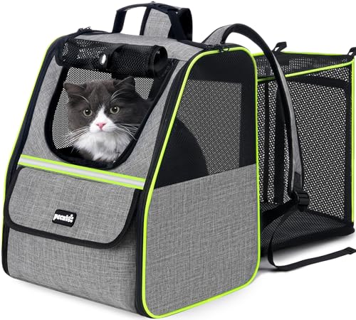 Pecute Cat Backpack Carrier, Expandable Cat Backpack for Cats Dogs up to 11 lbs, Pet Travel Backpack for Small Dogs Medium Cats, Cat Carrier with Ventilated Mesh, Safety Leash, Hiking Outdoor, Grey​