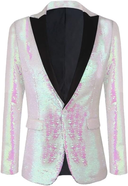 HBDesign Men's White Sequin Top with Peak Lapel and Black Satin Trim