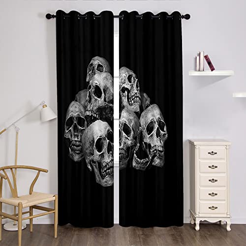 Skull Curtains Skeleton Design Window Treatments Bones Style Window Drapes Scary 3D Sugar Skull Window Curtain - Thermal Insulated Room Curtains For Living Room, 2 Window Curtain Panels #TOP4
