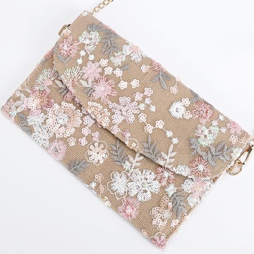 Image of Clutch Purses for Women, Envelope Package, Sequin Embroidered Flowers Straw Bag, Bohemian Handmade Handbags