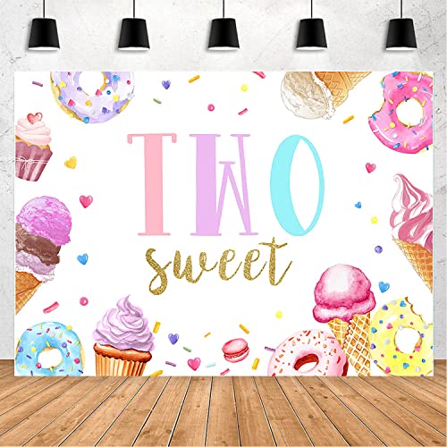 Two Sweet Birthday Backdrop Sweet Ice Cream Girl Birthday Party Background Donut Sprinkls Cupcakes Banner Decorations