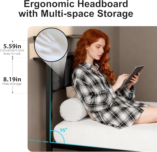 Image of Full Bed Frames with Storage Drawer, Platform Bed with Charging Station and LED Lights, Upholstered Headboard with 2-Tier Storage Shelves, No Box Spring Needed