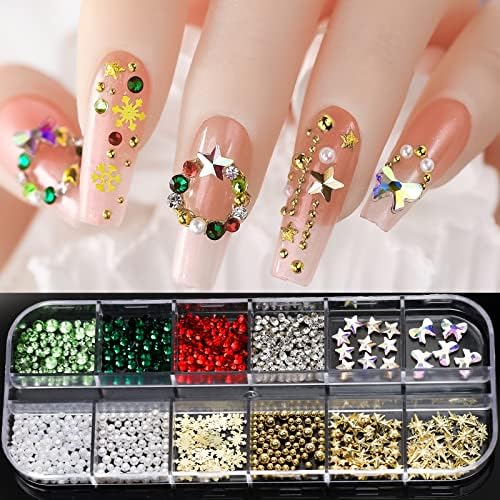 Christmas Crystal Nail Rhinestones Flat Back Glass Gems Red Green Gold Snowflakes Nail Supplies Round Pearl Nail Accessories Sparkly Star Bow Diamonds Jewels Rhinestone for Women Nail Art Decoration